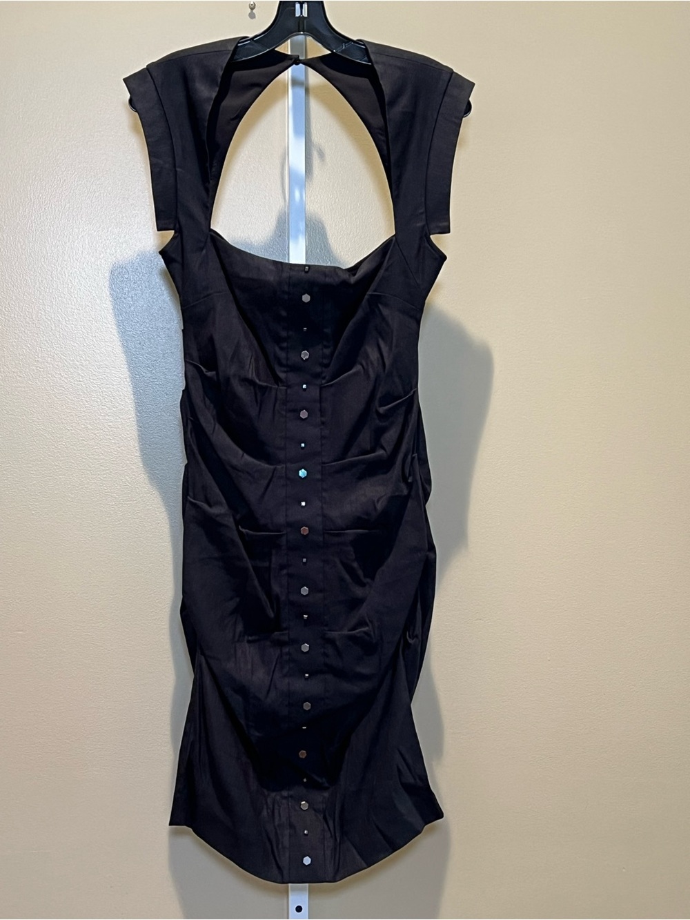 Nicole Miller Runway Black Midi Dress with Back Cutout and Button Front